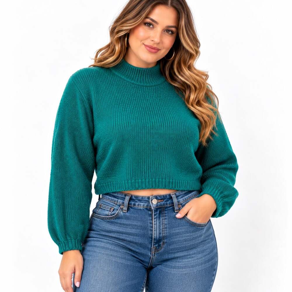 Vintage Stefano International Teal Green Wool Blend Cropped Sweater Mock Neck L